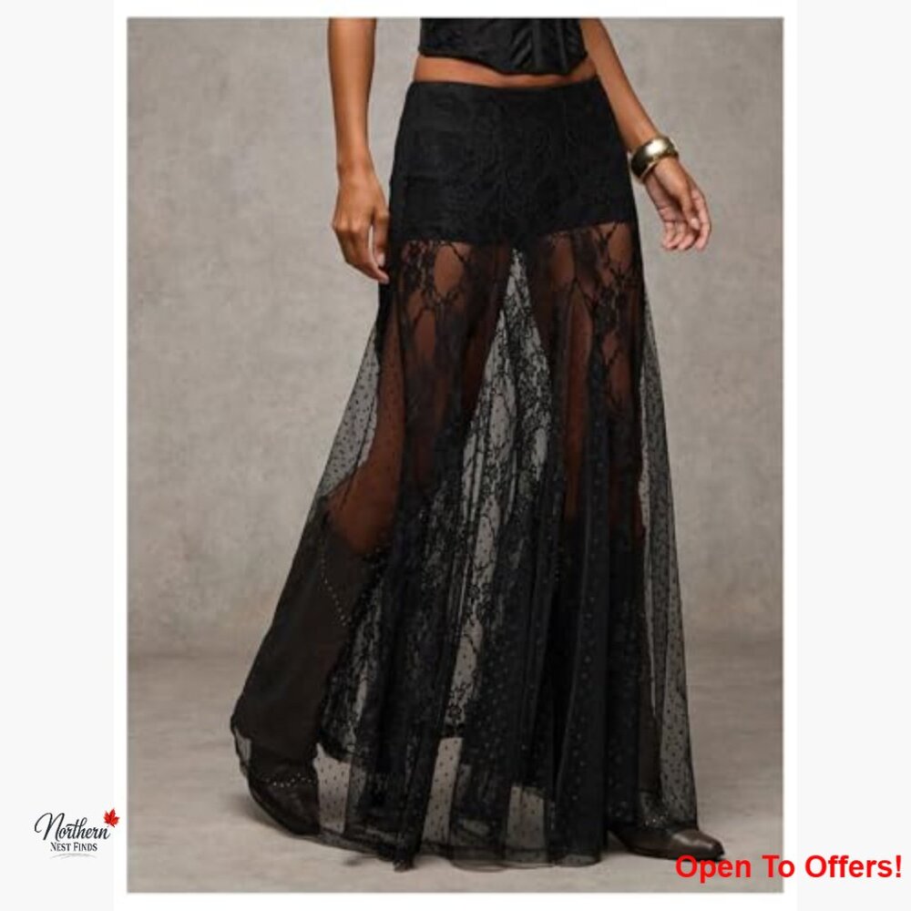 Sheer Lace Maxi Skirt Low Waist Ruffle Hem A Line Flowy - Picture 3 of 7